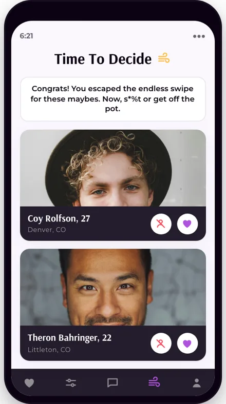 The Quirks app's Time To Decide screen, showing two profiles saved as Maybe with buttons to choose.